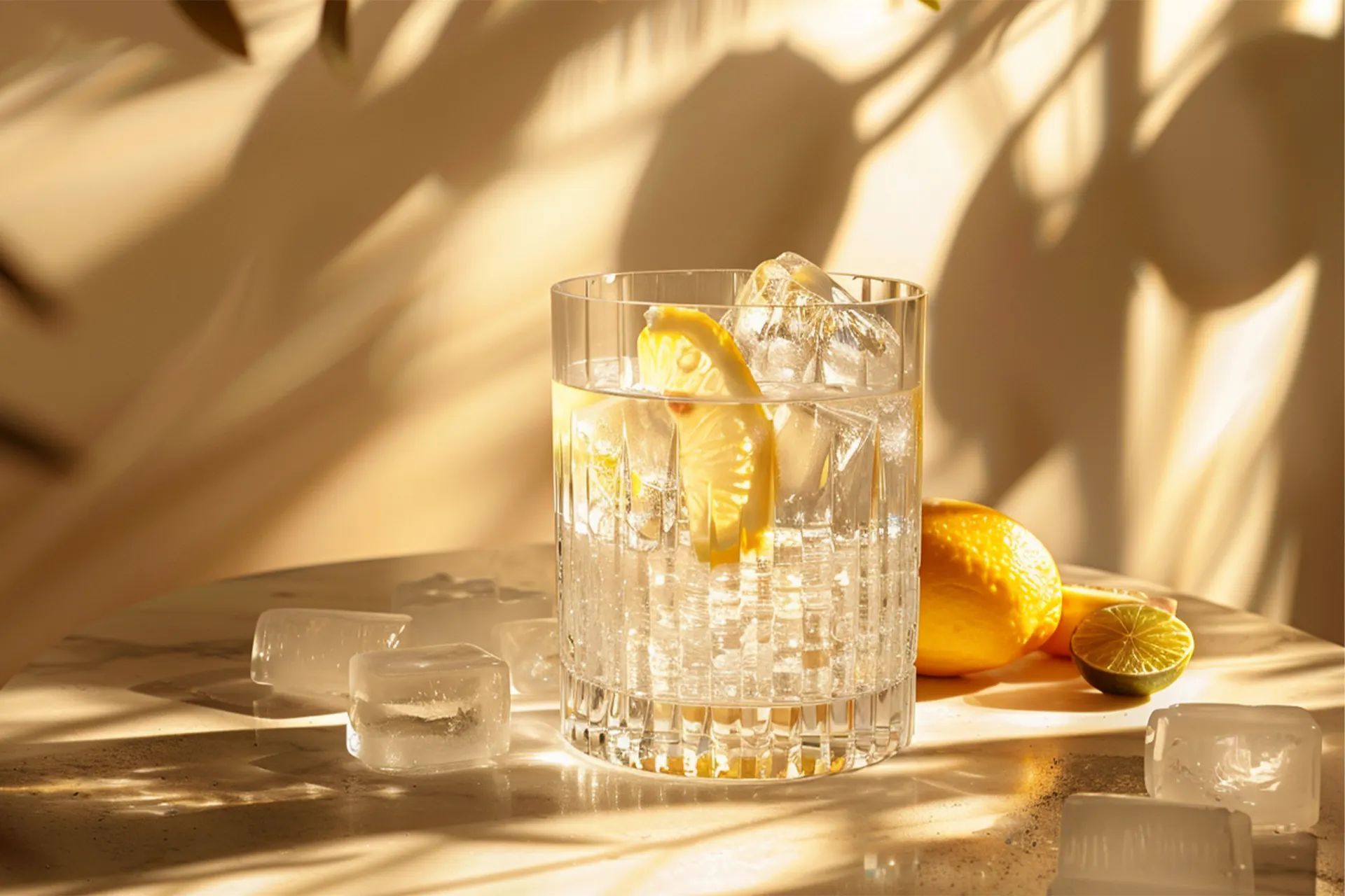 Gin Tonic im Kristallglas im Sonnenlicht